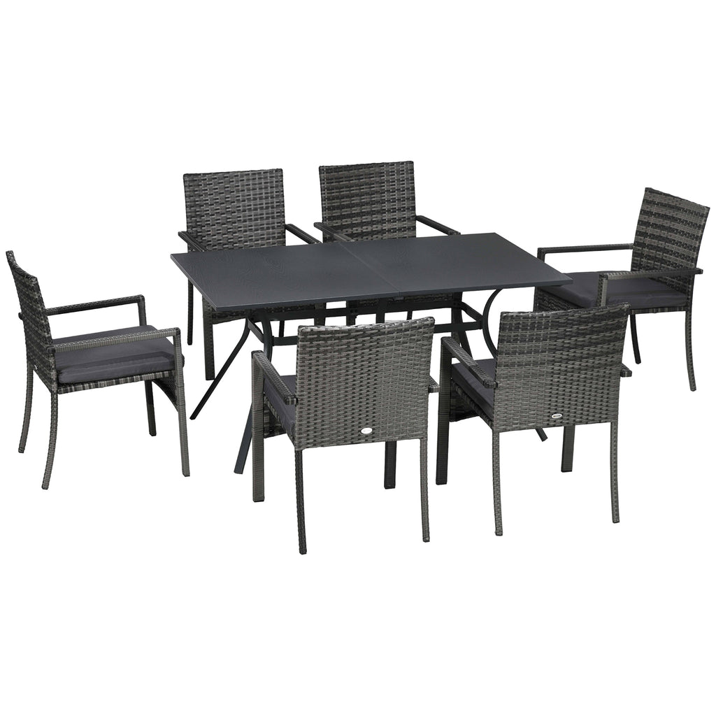 Outsunny Conjunto de Refeição de Jardim em Vime Sintético Conjunto de Móveis para Exterior de 7 Peças Inclui 6 Cadeiras com Almofadas e Mesa de Metal Cinza - A minha loja