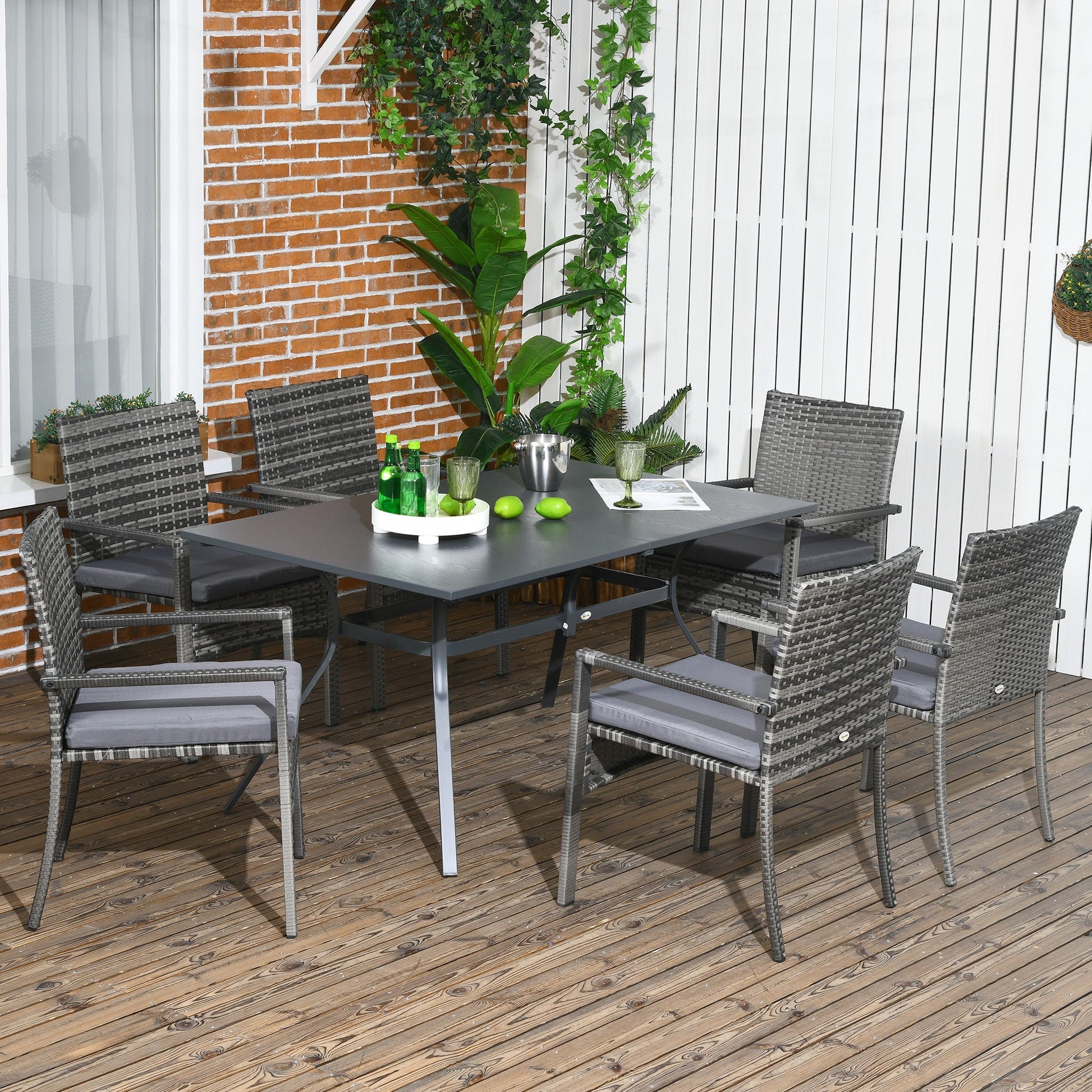Outsunny Conjunto de Refeição de Jardim em Vime Sintético Conjunto de Móveis para Exterior de 7 Peças Inclui 6 Cadeiras com Almofadas e Mesa de Metal Cinza - A minha loja