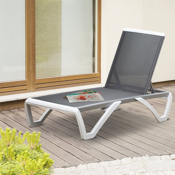 Espreguiçadeira de jardim reclinável com rodas e encosto ajustável em 5 níveis Poltrona relaxante de alumínio para terraço varanda e piscina 170x67.5x95 cm Branco cinza