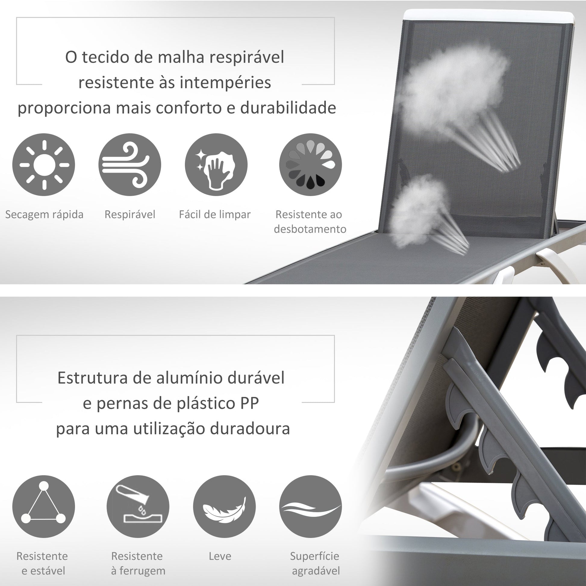 Outsunny Espreguiçadeira de jardim reclinável com rodas e encosto ajustável em 5 níveis Poltrona relaxante de alumínio para terraço varanda e piscina 170x67.5x95 cm Branco cinza - A minha loja
