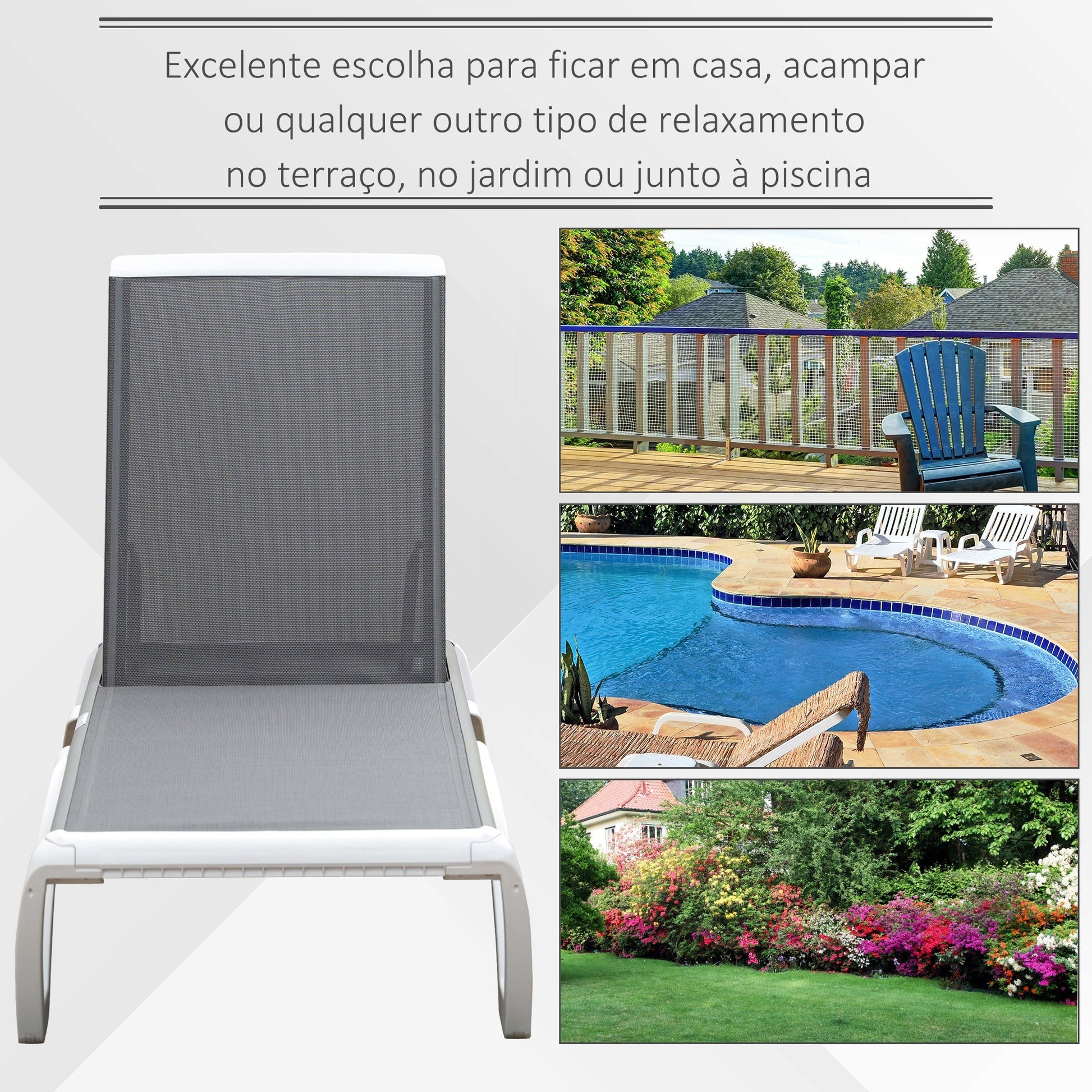 Outsunny Espreguiçadeira de jardim reclinável com rodas e encosto ajustável em 5 níveis Poltrona relaxante de alumínio para terraço varanda e piscina 170x67.5x95 cm Branco cinza - A minha loja