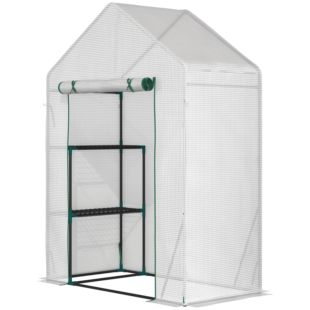 Outsunny Estufa de Jardim 143x73x195cm Estufa de Aço com 2 Prateleiras e Porta Enrolável para Cultivos de Plantas Vasos de Flores Pátio Exterior Branco - A minha loja
