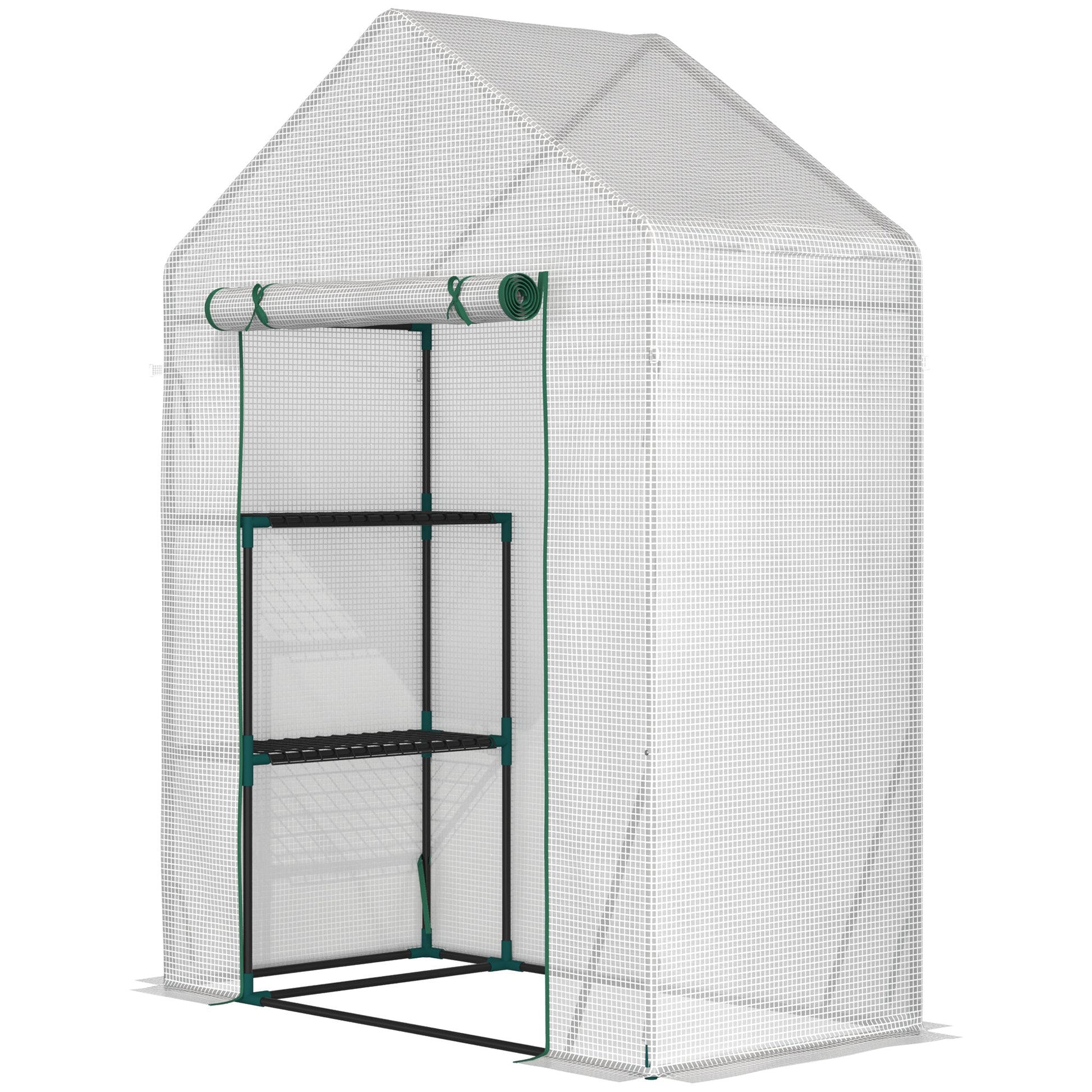 Outsunny Estufa de Jardim 143x73x195cm Estufa de Aço com 2 Prateleiras e Porta Enrolável para Cultivos de Plantas Vasos de Flores Pátio Exterior Branco - A minha loja