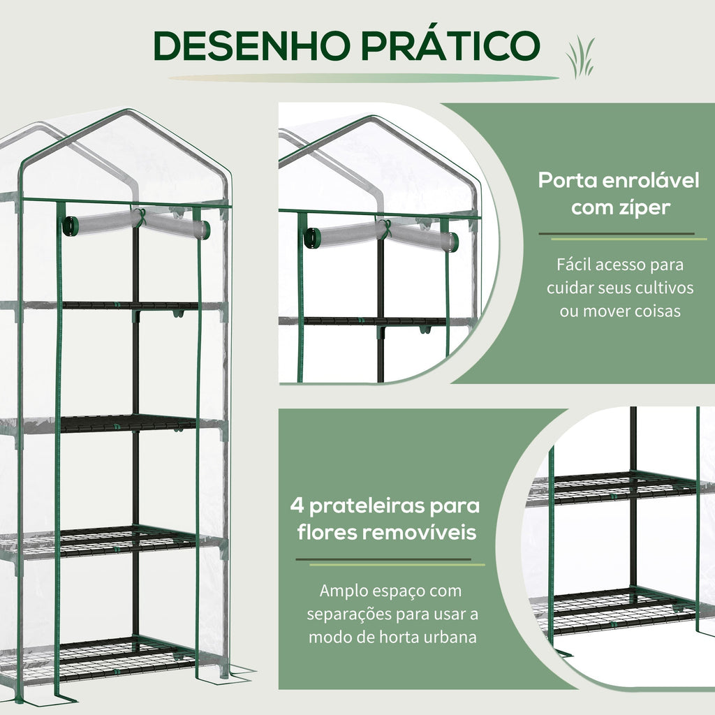Outsunny Estufa de Jardim com 4 Prateleiras e Cobertura de PVC Estufa de Aço para Cultivo de Plantas Flores 70x50x160cm Transparente - A minha loja