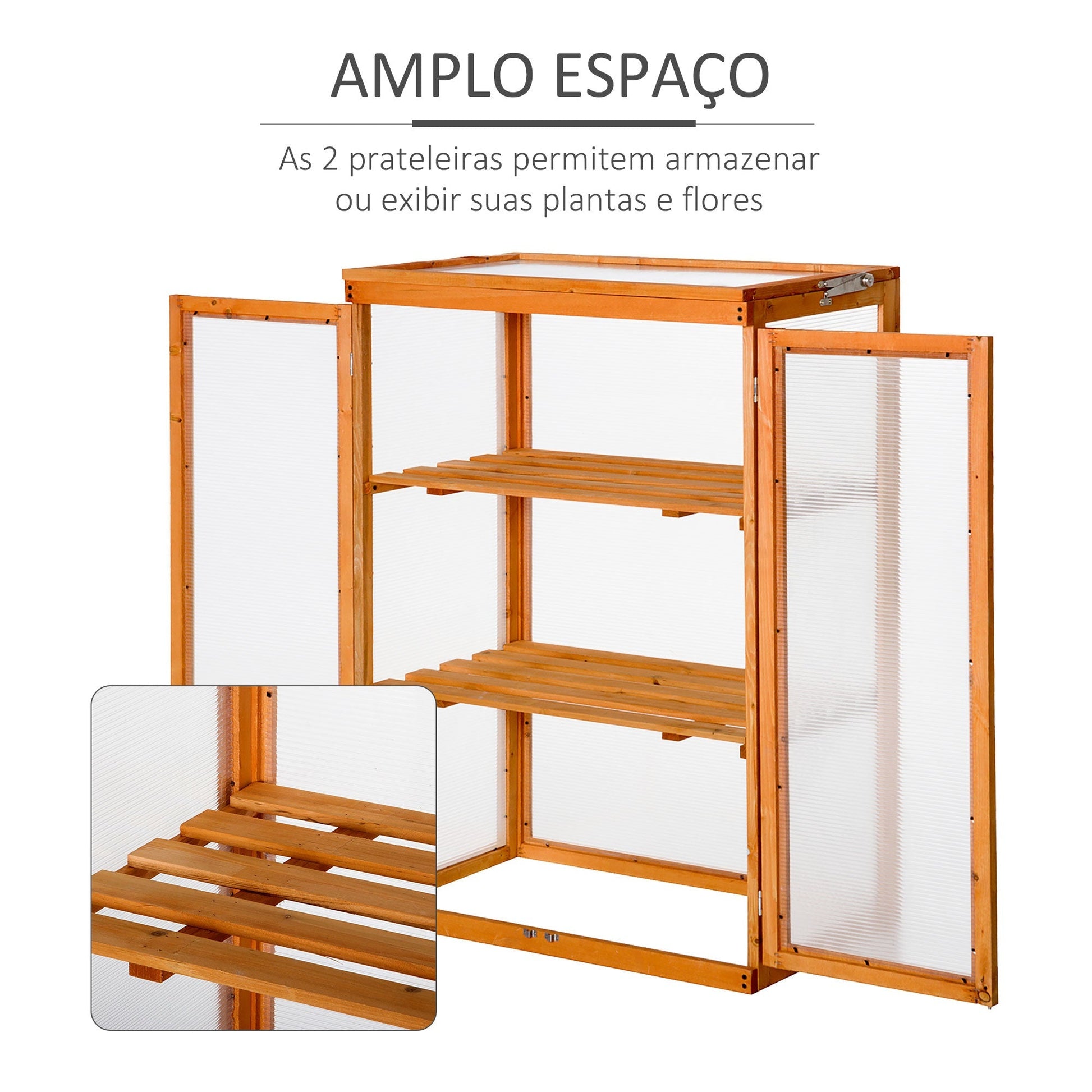 Outsunny Estufa de Jardim Estufa de Madeira e Painéis de Policarbonato com 3 Prateleiras Tampa e Portas para Plantas e Cultivos 76x47x110cm Madeira Natural - A minha loja