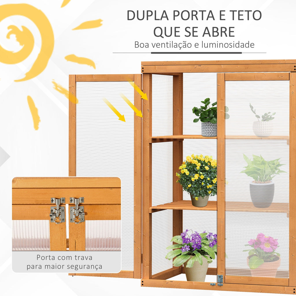 Outsunny Estufa de Jardim Estufa de Madeira e Painéis de Policarbonato com 3 Prateleiras Tampa e Portas para Plantas e Cultivos 76x47x110cm Madeira Natural - A minha loja
