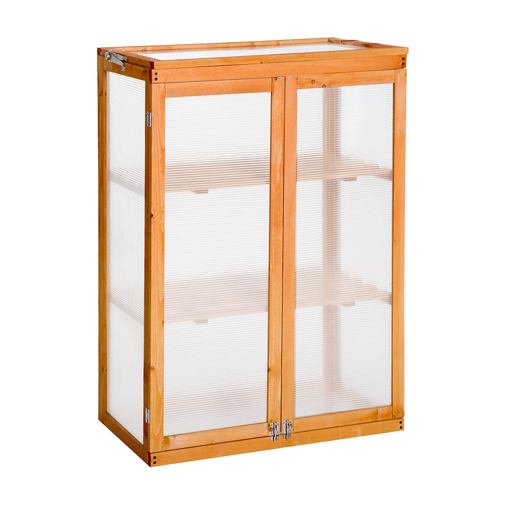 Outsunny Estufa de Jardim Estufa de Madeira e Painéis de Policarbonato com 3 Prateleiras Tampa e Portas para Plantas e Cultivos 76x47x110cm Madeira Natural - A minha loja