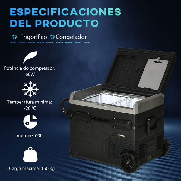 Geleira de Compressor Portátil 60L Geleira de Carro CC 12V/24V até -20℃ com Ecrã LED Tátil Alça Retrátil e Rodas 71,1x46x57,1 cm Preto