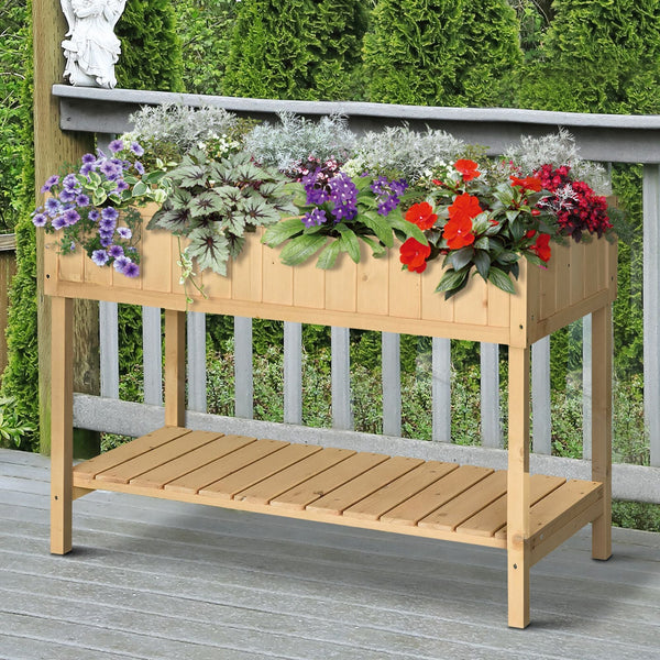 Horta Vertical de Madeira 120x60x81cm Floreira Elevada para Cultivo de Plantas Flores com Prateleira Inferior para Jardim Terraço Exterior