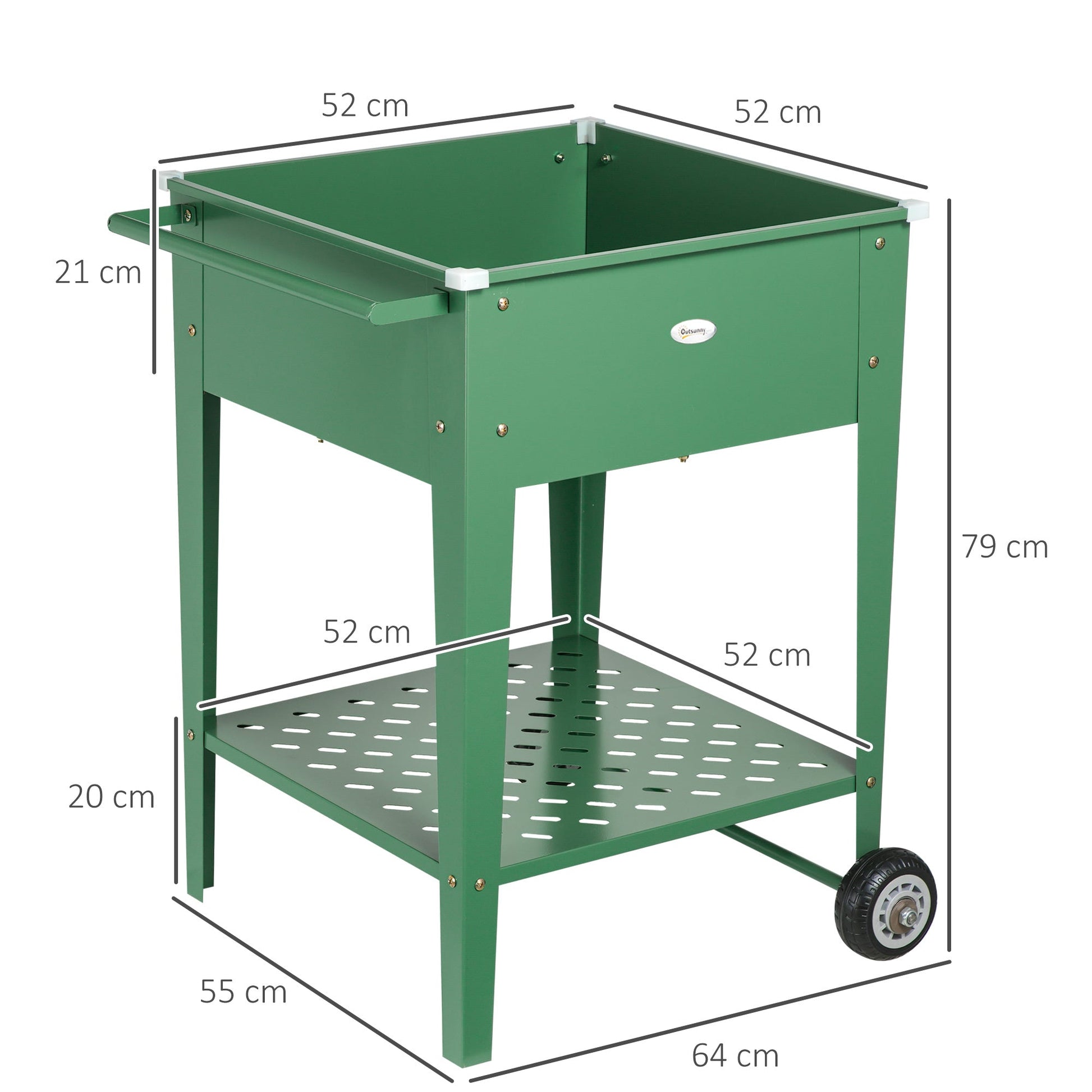 Outsunny Horta Vertical Elevada com Rodas Floreira de Exterior de Aço Galvanizado 64x55x79 cm com Prateleira e Alça Lateral para Cultivo de Plantas Flores Verduras Verde - A minha loja