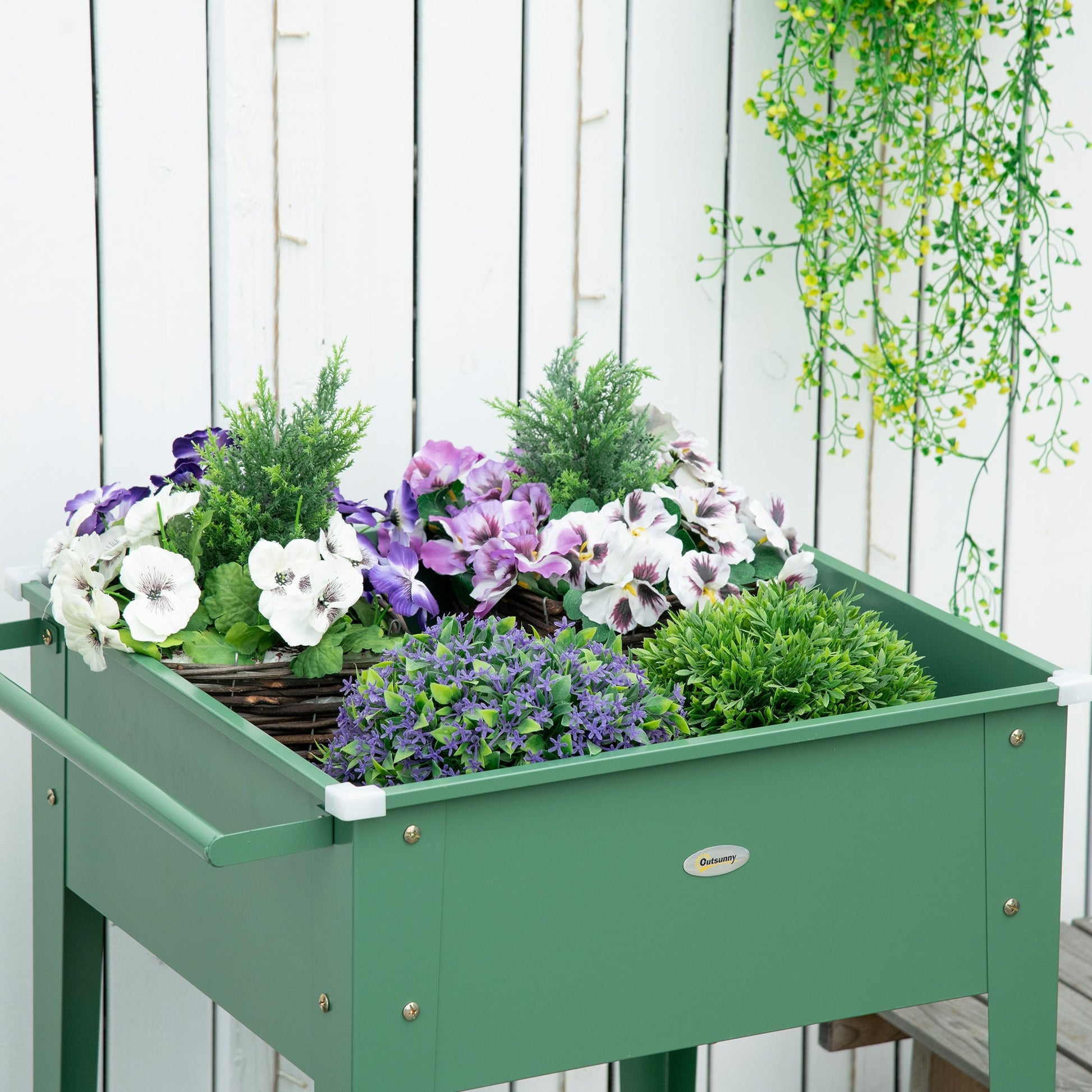Outsunny Horta Vertical Elevada com Rodas Floreira de Exterior de Aço Galvanizado 64x55x79 cm com Prateleira e Alça Lateral para Cultivo de Plantas Flores Verduras Verde - A minha loja