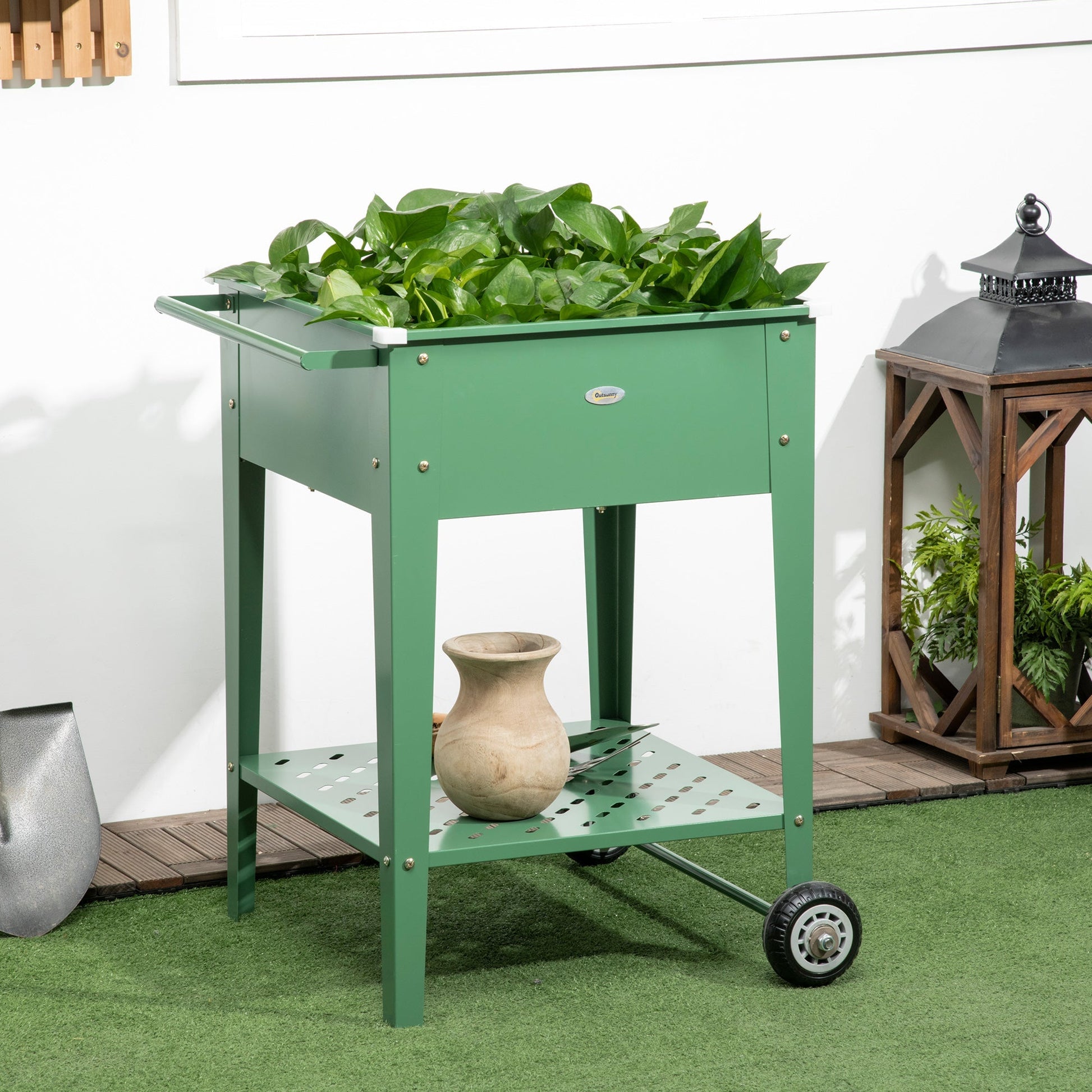 Outsunny Horta Vertical Elevada com Rodas Floreira de Exterior de Aço Galvanizado 64x55x79 cm com Prateleira e Alça Lateral para Cultivo de Plantas Flores Verduras Verde - A minha loja
