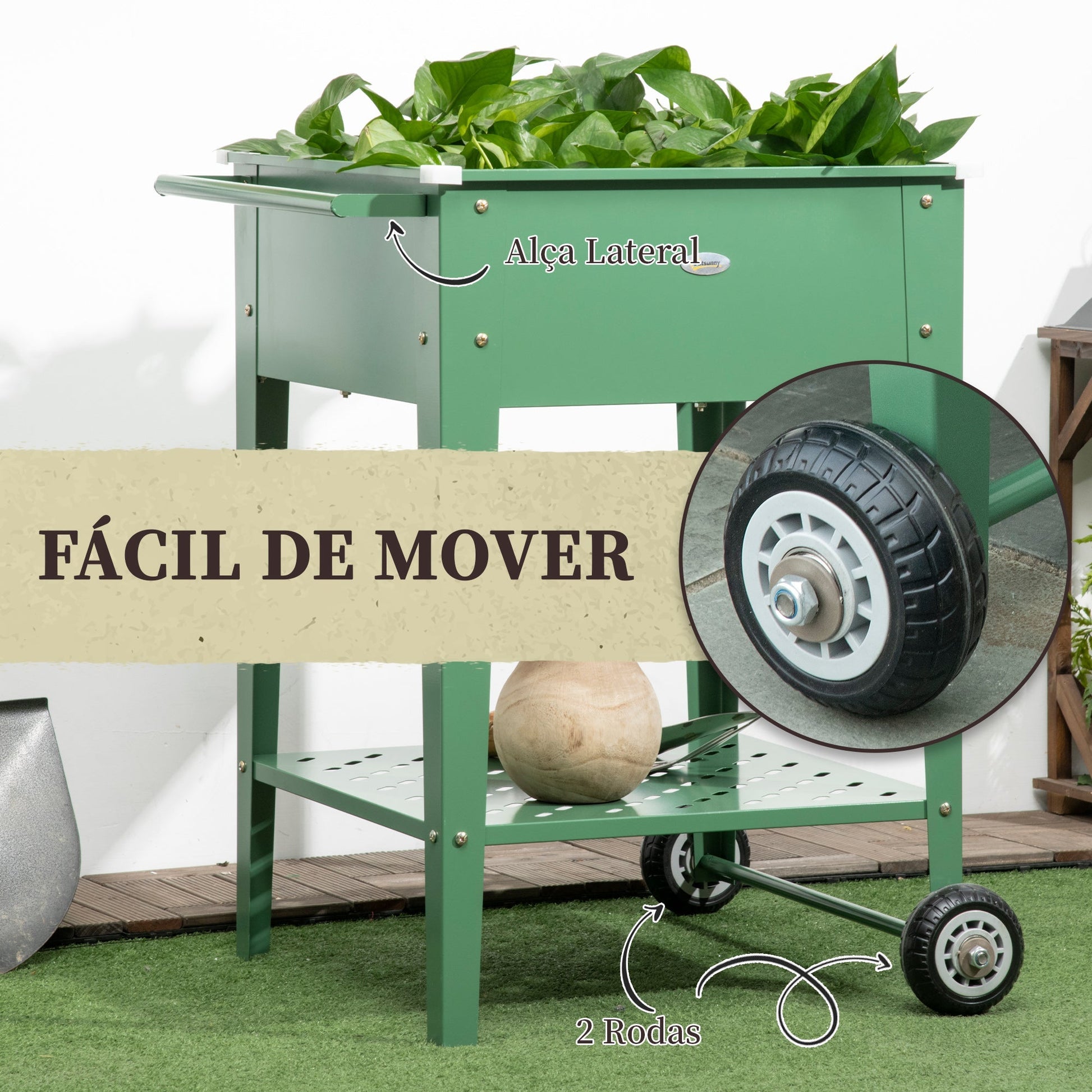 Outsunny Horta Vertical Elevada com Rodas Floreira de Exterior de Aço Galvanizado 64x55x79 cm com Prateleira e Alça Lateral para Cultivo de Plantas Flores Verduras Verde - A minha loja