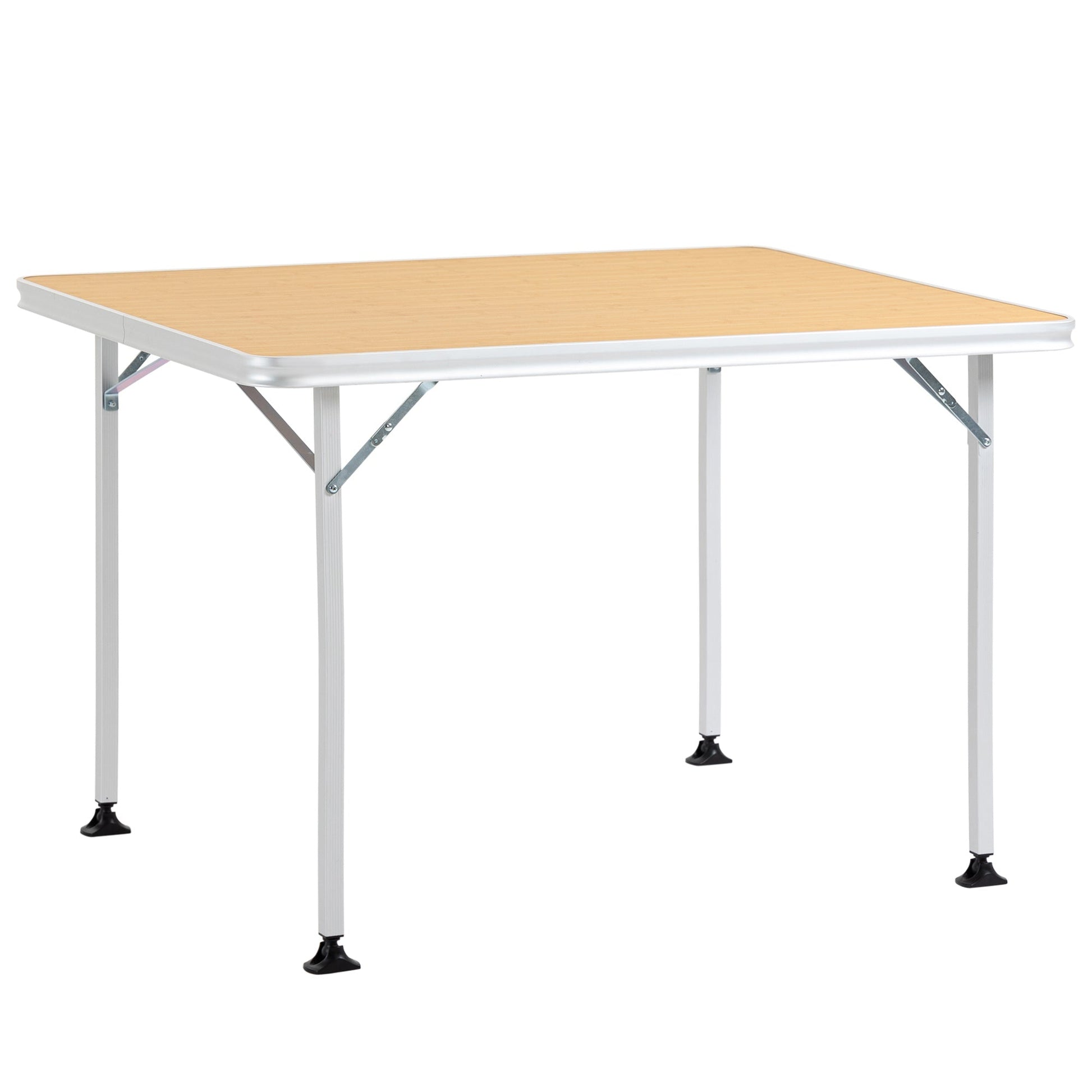 Outsunny Mesa de Campismo Dobrável Mesa de Piquenique Portátil de Alumínio com Bancada de Madeira e 4 Almofadas de Pé Multifuncional para Terraço Jardim Praia 115x85x75cm Natural - A minha loja
