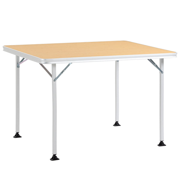 Mesa de Campismo Dobrável Mesa de Piquenique Portátil de Alumínio com Bancada de Madeira e 4 Almofadas de Pé Multifuncional para Terraço Jardim Praia 115x85x75cm Natural