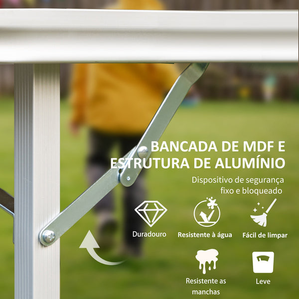 Mesa de Campismo Dobrável Mesa de Piquenique Portátil de Alumínio com Bancada de Madeira e 4 Almofadas de Pé Multifuncional para Terraço Jardim Praia 115x85x75cm Natural