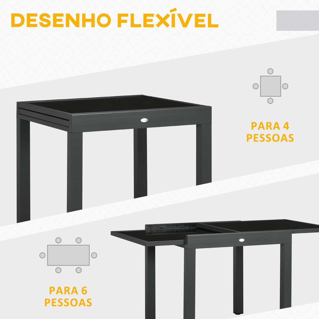 Outsunny Mesa de Jardim Extensível de Alumínio Mesa de Jantar Retangular com Bancada de Vidro Temperado Carga 50 kg para Varanda Pátio Exterior 160x80x75 cm Preto - A minha loja