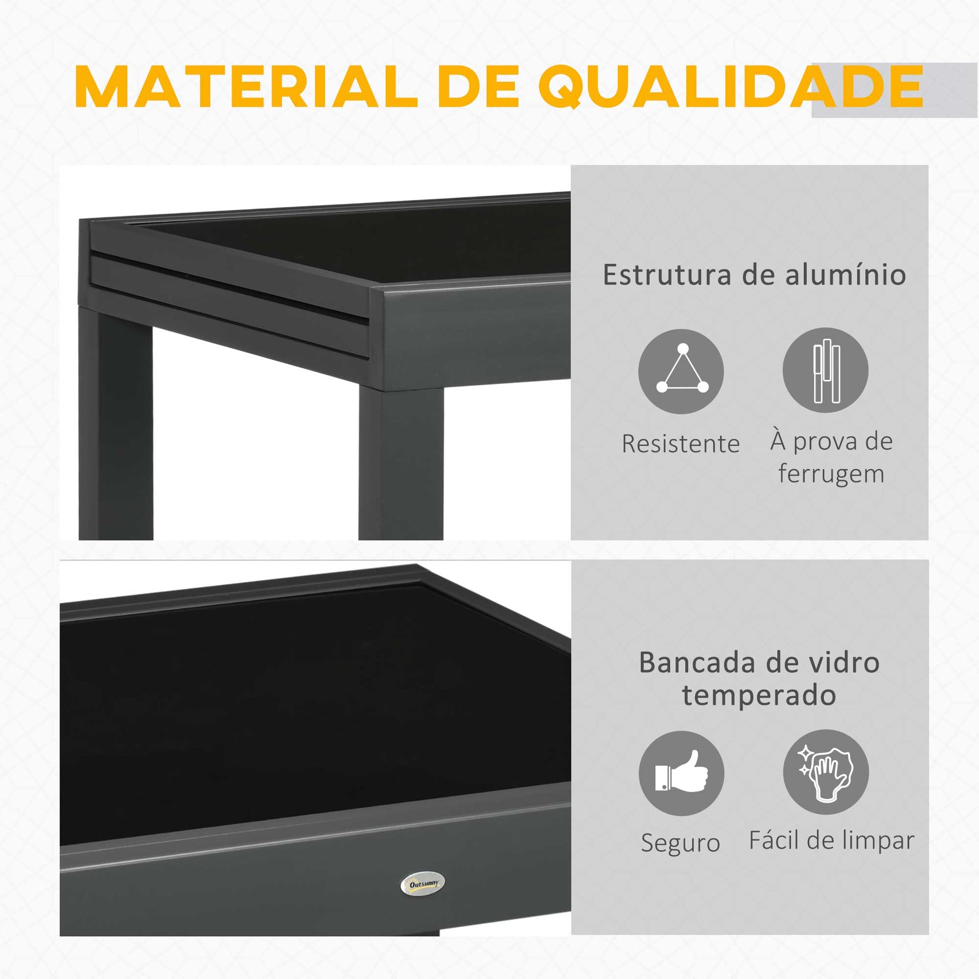 Outsunny Mesa de Jardim Extensível de Alumínio Mesa de Jantar Retangular com Bancada de Vidro Temperado Carga 50 kg para Varanda Pátio Exterior 160x80x75 cm Preto - A minha loja