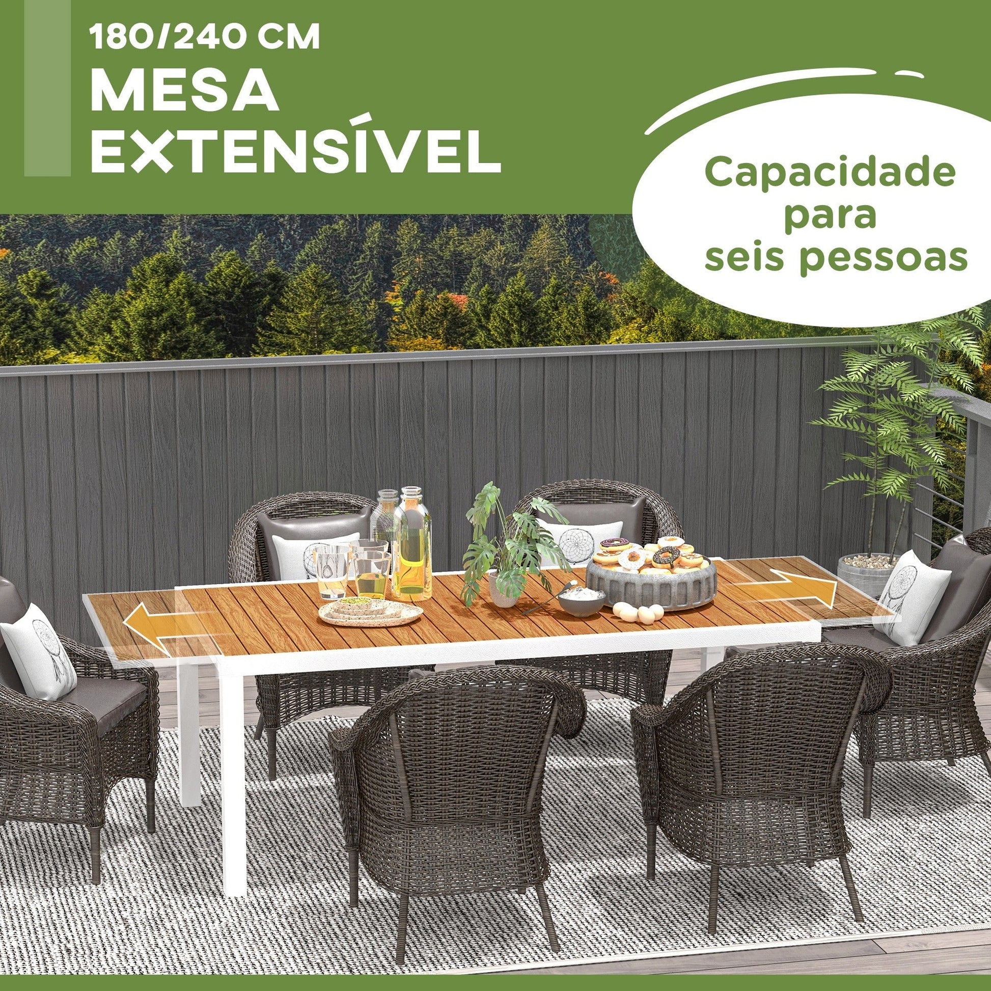 Outsunny Mesa de Jardim Extensível Mesa de Jantar Exterior Mesa de Terraço Retangular para 6 - 8 Pessoas com Estrutura de Alumínio Capacidade 50 kg para Varanda 180/240x94x73 cm Marrom - A minha loja