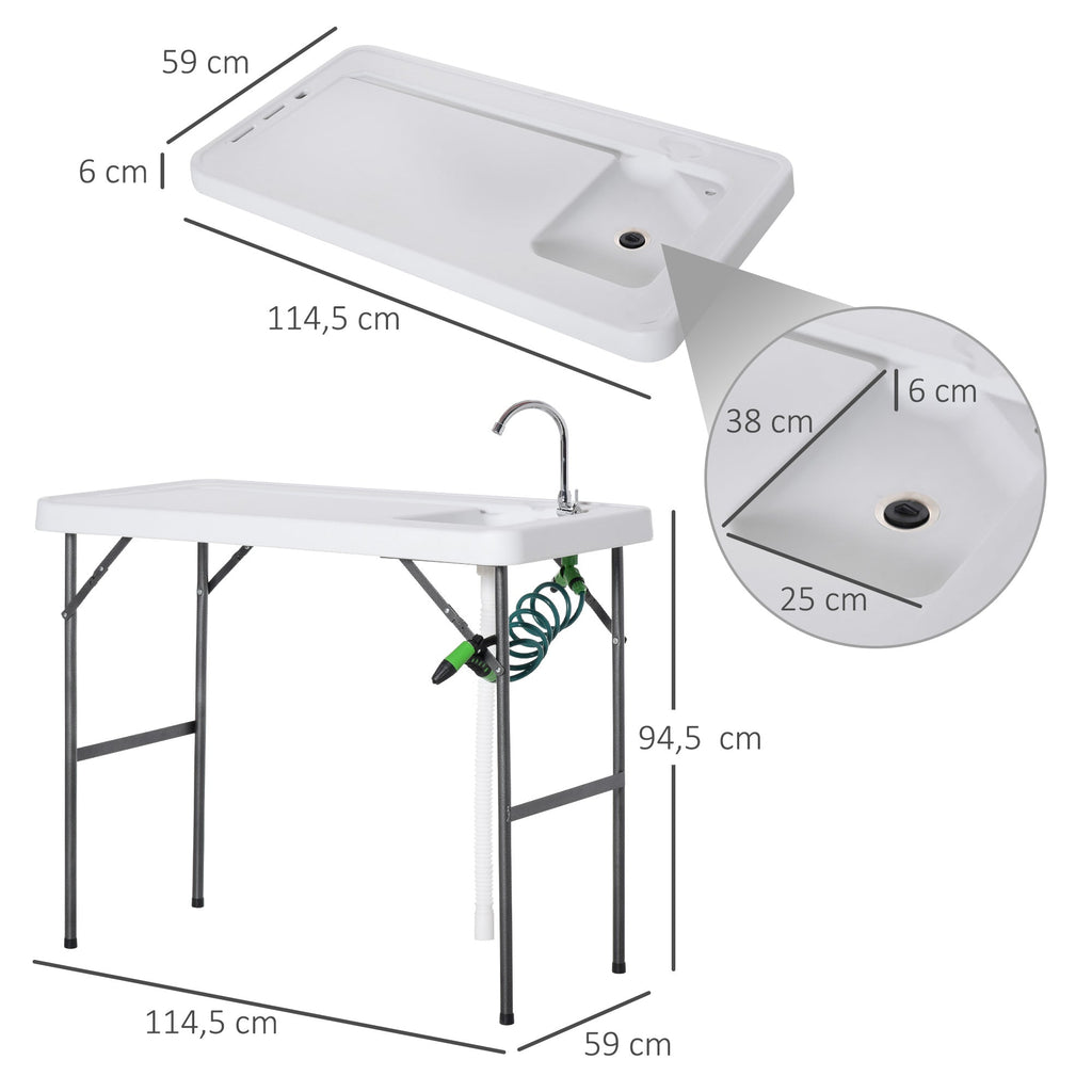 Outsunny Mesa de piquenique dobrável com torneira de pia e pistola de irrigação extensível 114,5x59x94,5 cm Branco - A minha loja