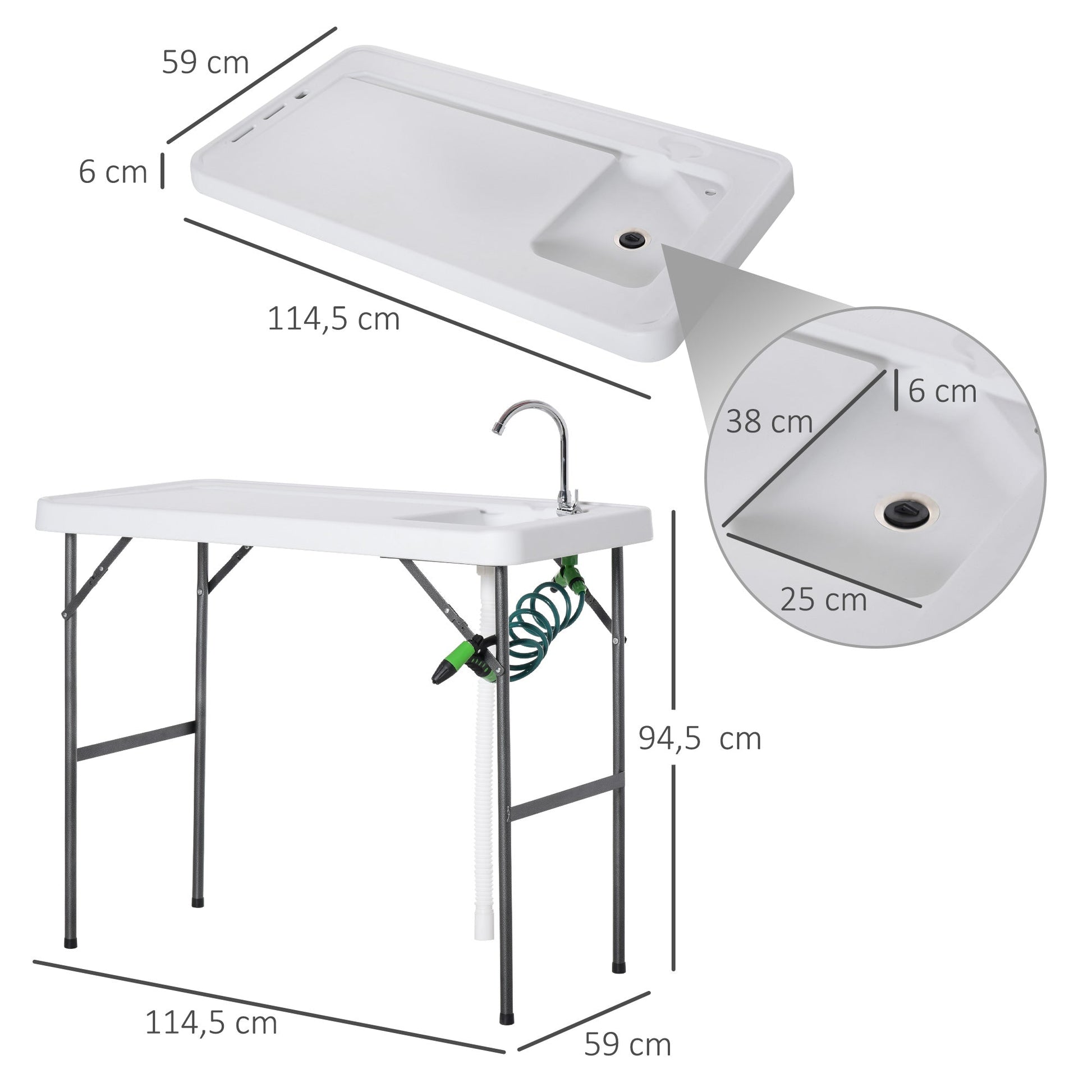 Outsunny Mesa de piquenique dobrável com torneira de pia e pistola de irrigação extensível 114,5x59x94,5 cm Branco - A minha loja