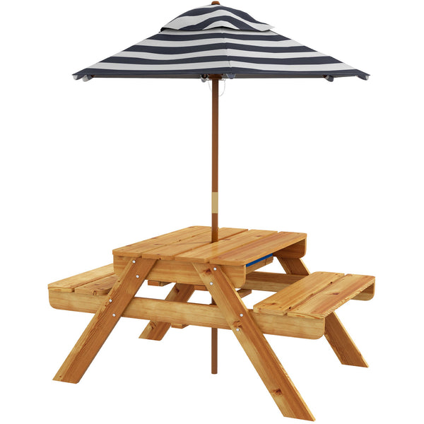 Mesa de Piquenique para Crianças de Madeira Mesa e 2 Bancos Infantis com Chapéu de Sol e Caixa de Areia para Jardim Pátio 89x80,5x42,5 cm Teca