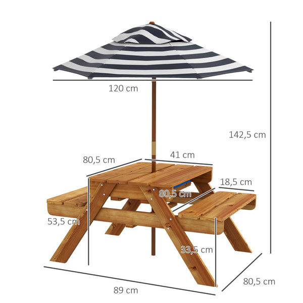 Mesa de Piquenique para Crianças de Madeira Mesa e 2 Bancos Infantis com Chapéu de Sol e Caixa de Areia para Jardim Pátio 89x80,5x42,5 cm Teca