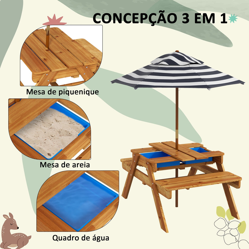 Outsunny Mesa de Piquenique para Crianças de Madeira Mesa e 2 Bancos Infantis com Chapéu de Sol e Caixa de Areia para Jardim Pátio 89x80,5x42,5 cm Teca - A minha loja