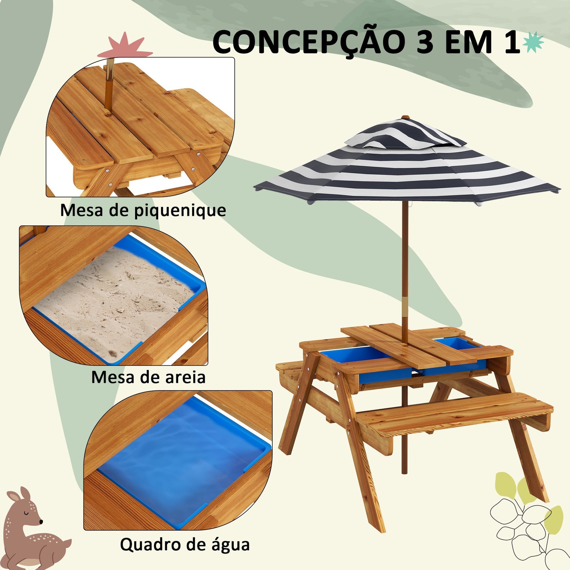 Outsunny Mesa de Piquenique para Crianças de Madeira Mesa e 2 Bancos Infantis com Chapéu de Sol e Caixa de Areia para Jardim Pátio 89x80,5x42,5 cm Teca - A minha loja