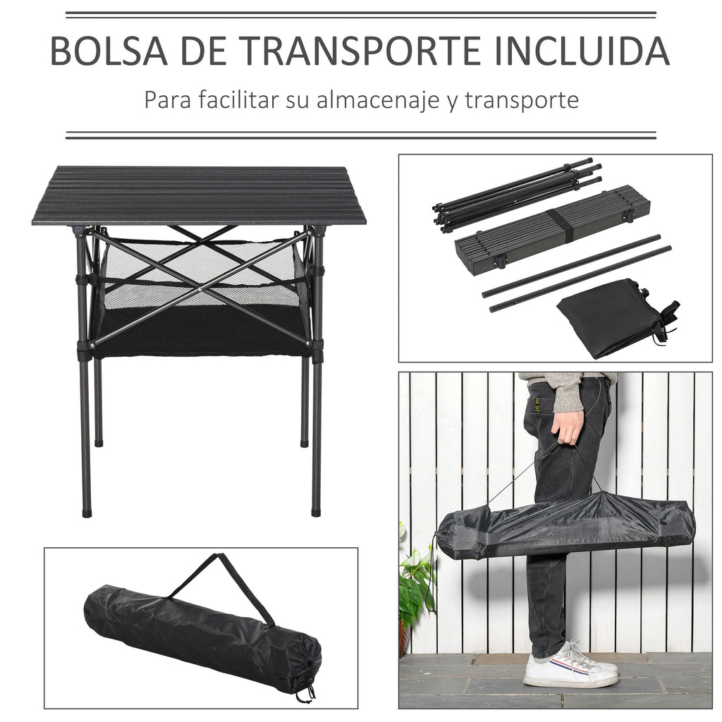 Outsunny Mesa dobrável de camping Mesa de piquenique com malha de armazenamento e bolsa de transporte 70x70x69 cm Preto - A minha loja