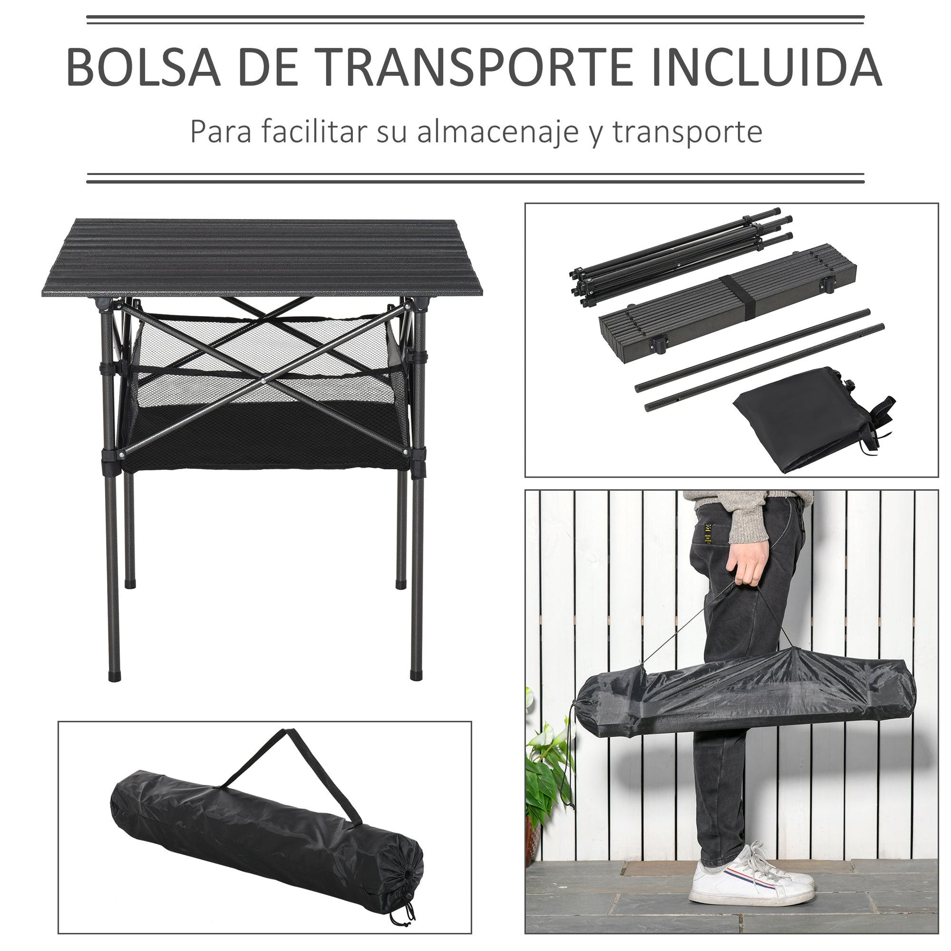 Outsunny Mesa dobrável de camping Mesa de piquenique com malha de armazenamento e bolsa de transporte 70x70x69 cm Preto - A minha loja