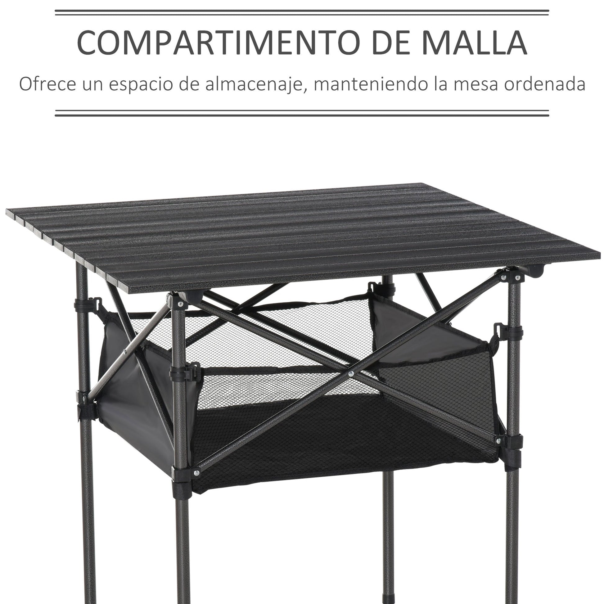 Outsunny Mesa dobrável de camping Mesa de piquenique com malha de armazenamento e bolsa de transporte 70x70x69 cm Preto - A minha loja