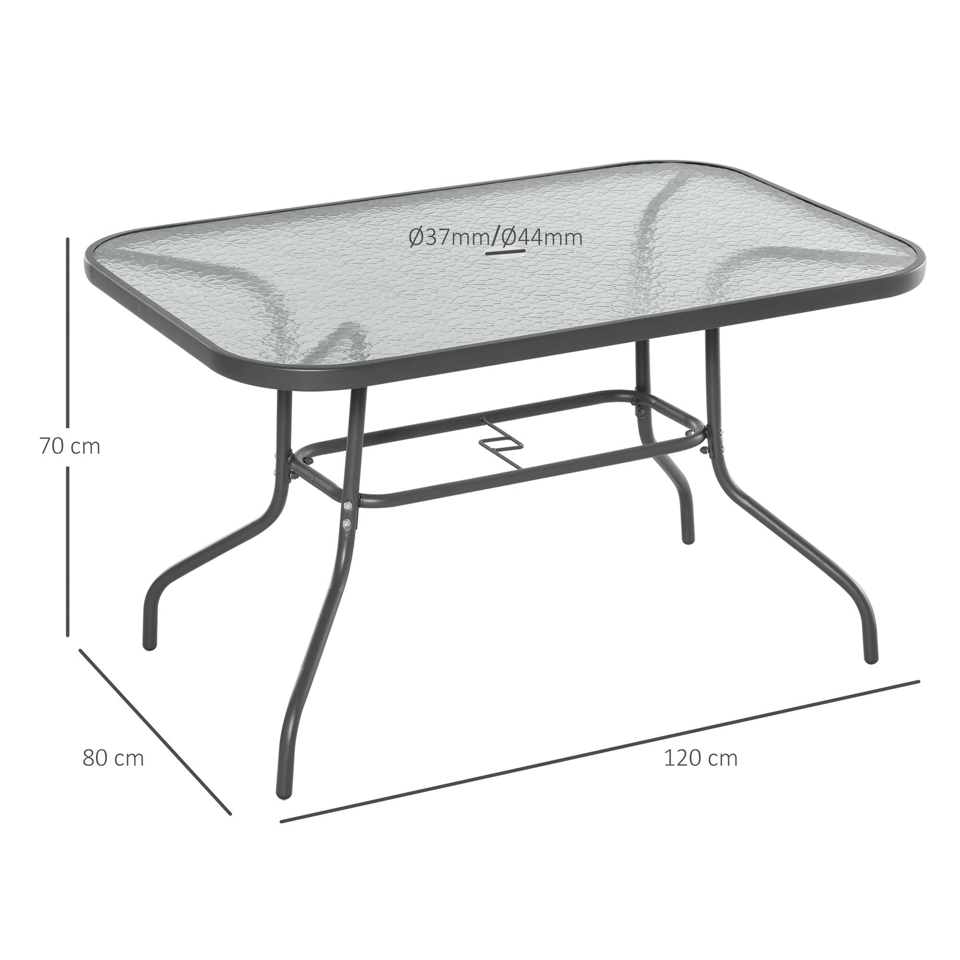 Outsunny Mesa retangular de metal para jardim Bordas curvas com orifício para guarda - sol Capacidade 70kg Vidro temperado 120x80x70 cm Cinza carvão - A minha loja