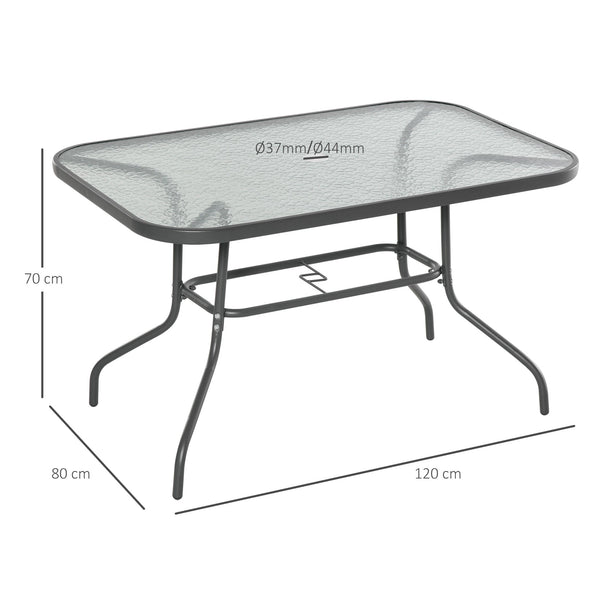 Mesa retangular de metal para jardim Bordas curvas com orifício para guarda-sol Capacidade 70kg Vidro temperado 120x80x70 cm Cinza carvão