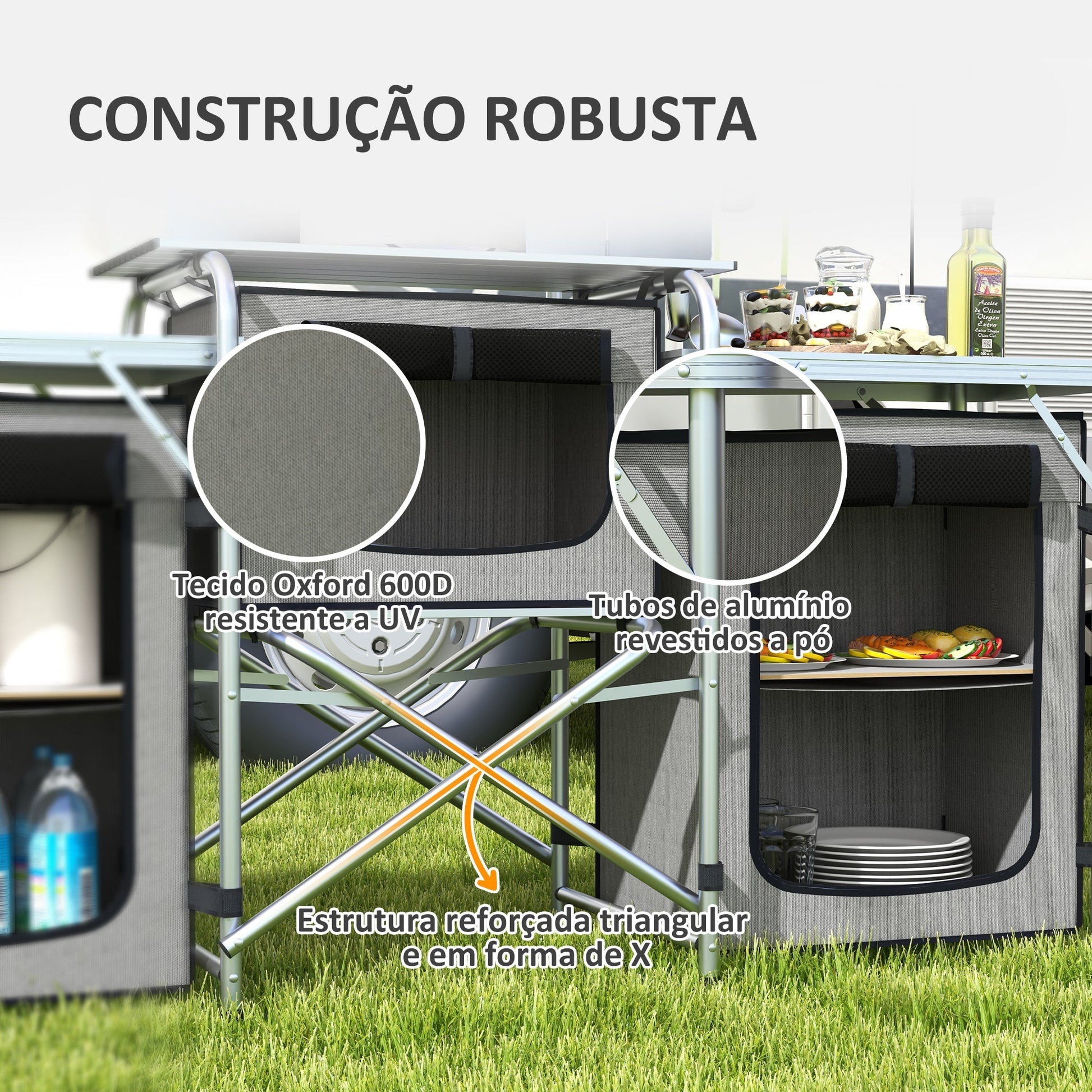 Outsunny Móvel de Cozinha para Campismo Armário para Campismo Dobrável com 3 Tampos 3 Armários Suporte de Luz 4 Ganchos e Bolsa de Transporte para Campismo Piquenique 172x48x119 cm Cinza - A minha loja