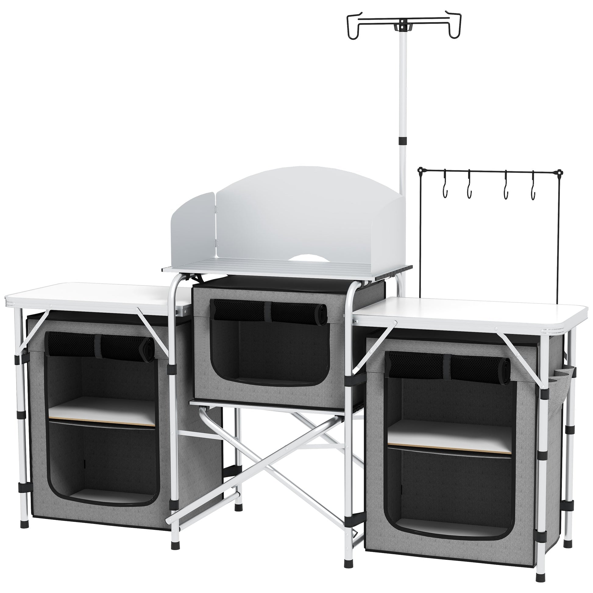 Outsunny Móvel de Cozinha para Campismo Armário para Campismo Dobrável com 3 Tampos 3 Armários Suporte de Luz 4 Ganchos e Bolsa de Transporte para Campismo Piquenique 172x48x119 cm Cinza - A minha loja