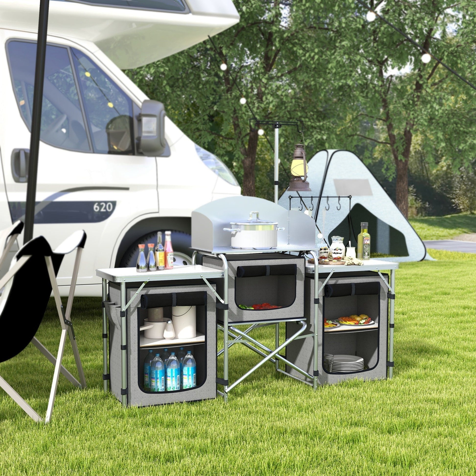 Outsunny Móvel de Cozinha para Campismo Armário para Campismo Dobrável com 3 Tampos 3 Armários Suporte de Luz 4 Ganchos e Bolsa de Transporte para Campismo Piquenique 172x48x119 cm Cinza - A minha loja
