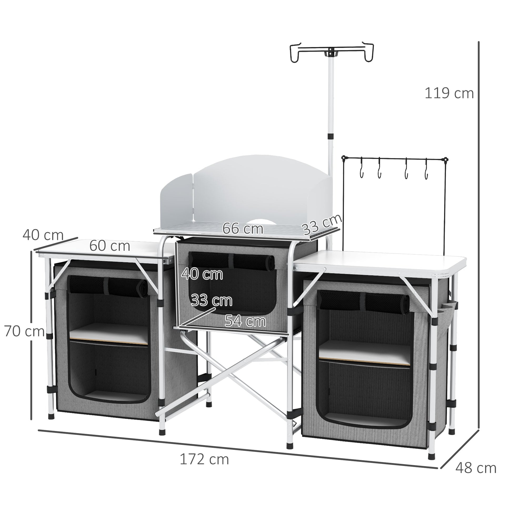 Outsunny Móvel de Cozinha para Campismo Armário para Campismo Dobrável com 3 Tampos 3 Armários Suporte de Luz 4 Ganchos e Bolsa de Transporte para Campismo Piquenique 172x48x119 cm Cinza - A minha loja