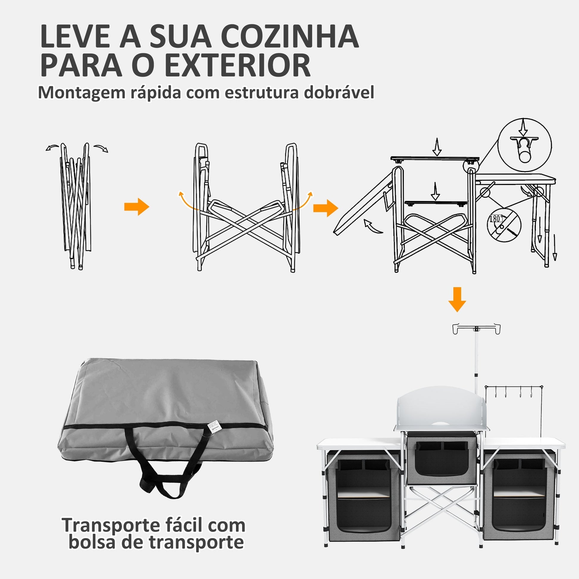 Outsunny Móvel de Cozinha para Campismo Armário para Campismo Dobrável com 3 Tampos 3 Armários Suporte de Luz 4 Ganchos e Bolsa de Transporte para Campismo Piquenique 172x48x119 cm Cinza - A minha loja