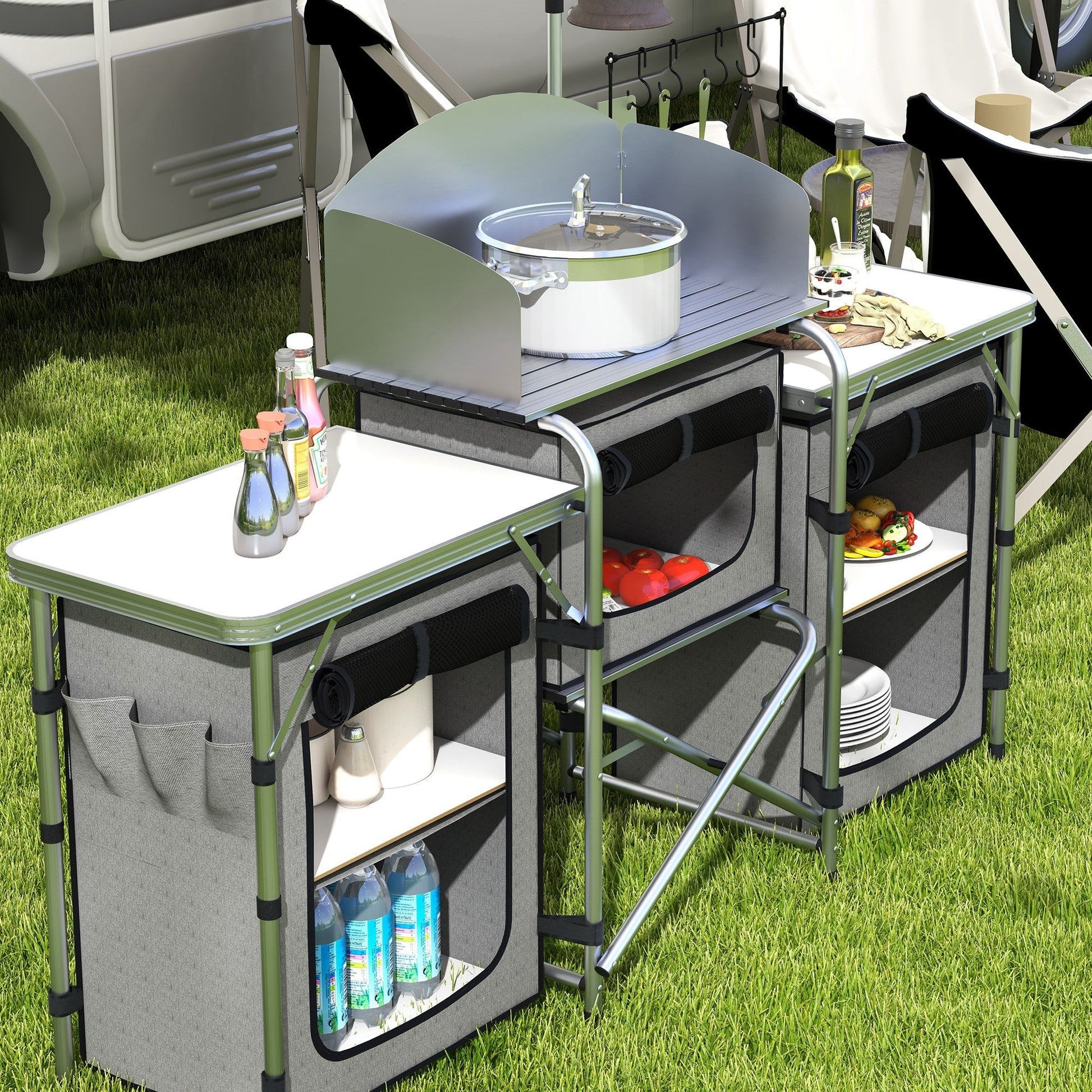 Outsunny Móvel de Cozinha para Campismo Armário para Campismo Dobrável com 3 Tampos 3 Armários Suporte de Luz 4 Ganchos e Bolsa de Transporte para Campismo Piquenique 172x48x119 cm Cinza - A minha loja