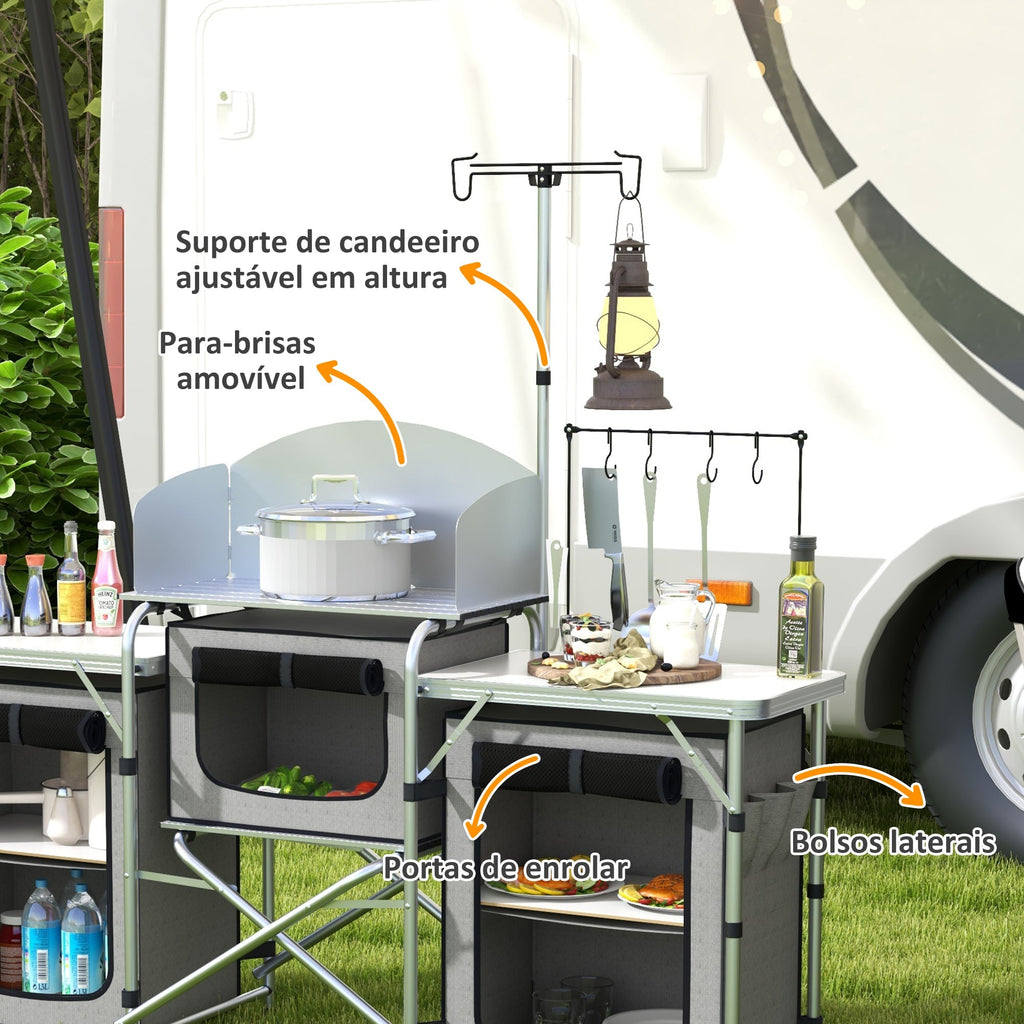 Outsunny Móvel de Cozinha para Campismo Armário para Campismo Dobrável com 3 Tampos 3 Armários Suporte de Luz 4 Ganchos e Bolsa de Transporte para Campismo Piquenique 172x48x119 cm Cinza - A minha loja