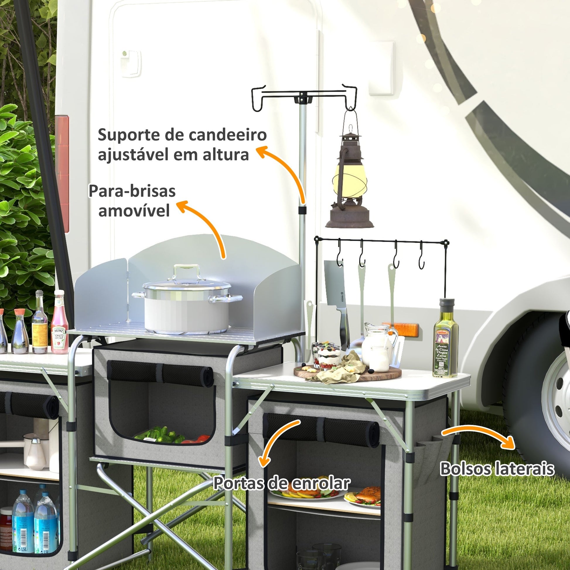 Outsunny Móvel de Cozinha para Campismo Armário para Campismo Dobrável com 3 Tampos 3 Armários Suporte de Luz 4 Ganchos e Bolsa de Transporte para Campismo Piquenique 172x48x119 cm Cinza - A minha loja