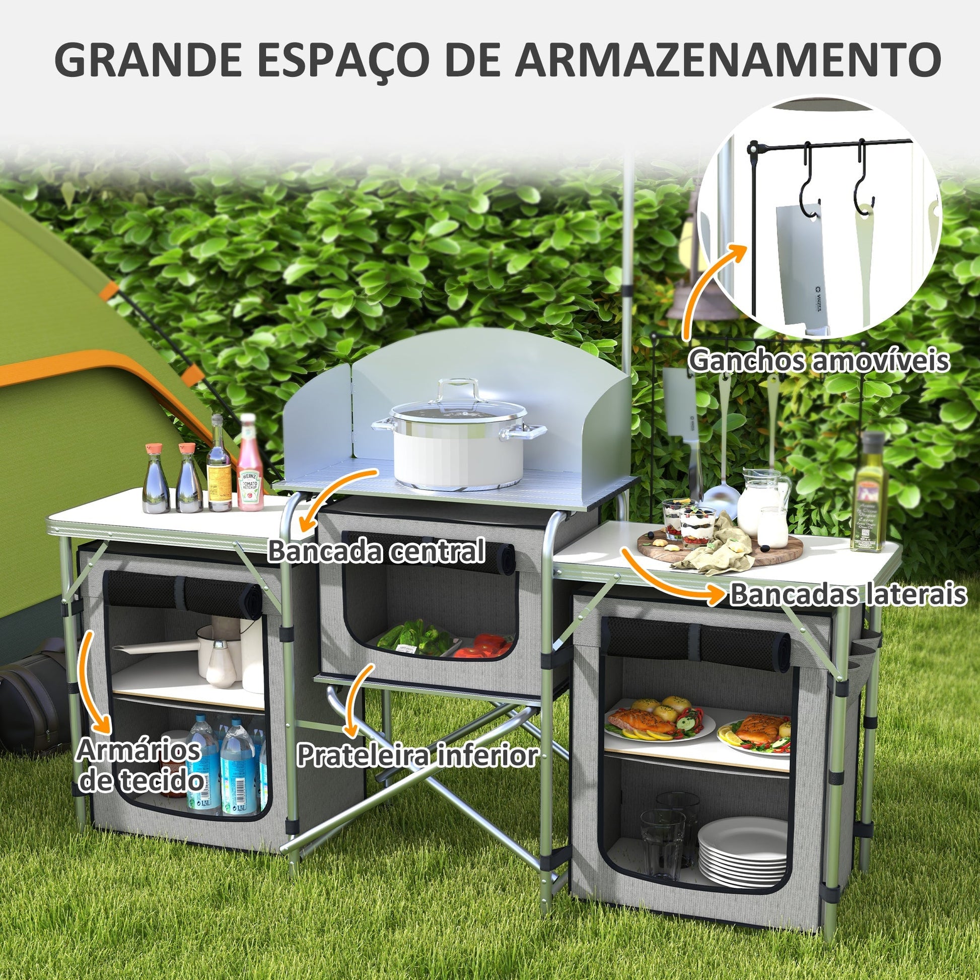 Outsunny Móvel de Cozinha para Campismo Armário para Campismo Dobrável com 3 Tampos 3 Armários Suporte de Luz 4 Ganchos e Bolsa de Transporte para Campismo Piquenique 172x48x119 cm Cinza - A minha loja