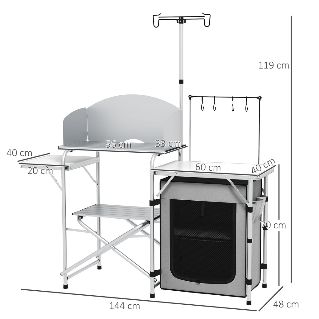 Outsunny Móvel de Cozinha para Campismo Armário para Campismo Dobrável com Mesas Estante Suporte de Luz Ganchos e Bolsa de Transporte para Campismo Piquenique 144x48x119 cm Prata e Cinza Claro - A minha loja