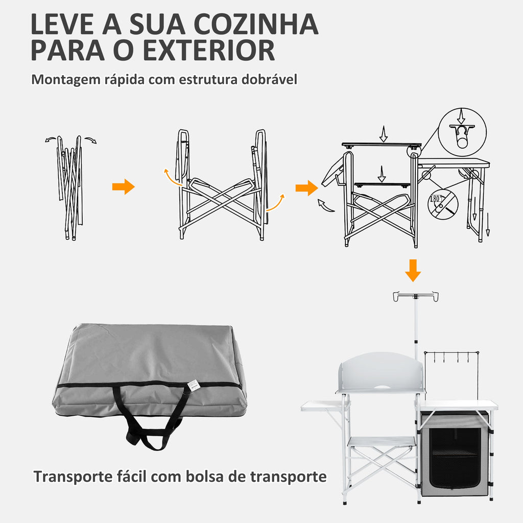 Outsunny Móvel de Cozinha para Campismo Armário para Campismo Dobrável com Mesas Estante Suporte de Luz Ganchos e Bolsa de Transporte para Campismo Piquenique 144x48x119 cm Prata e Cinza Claro - A minha loja