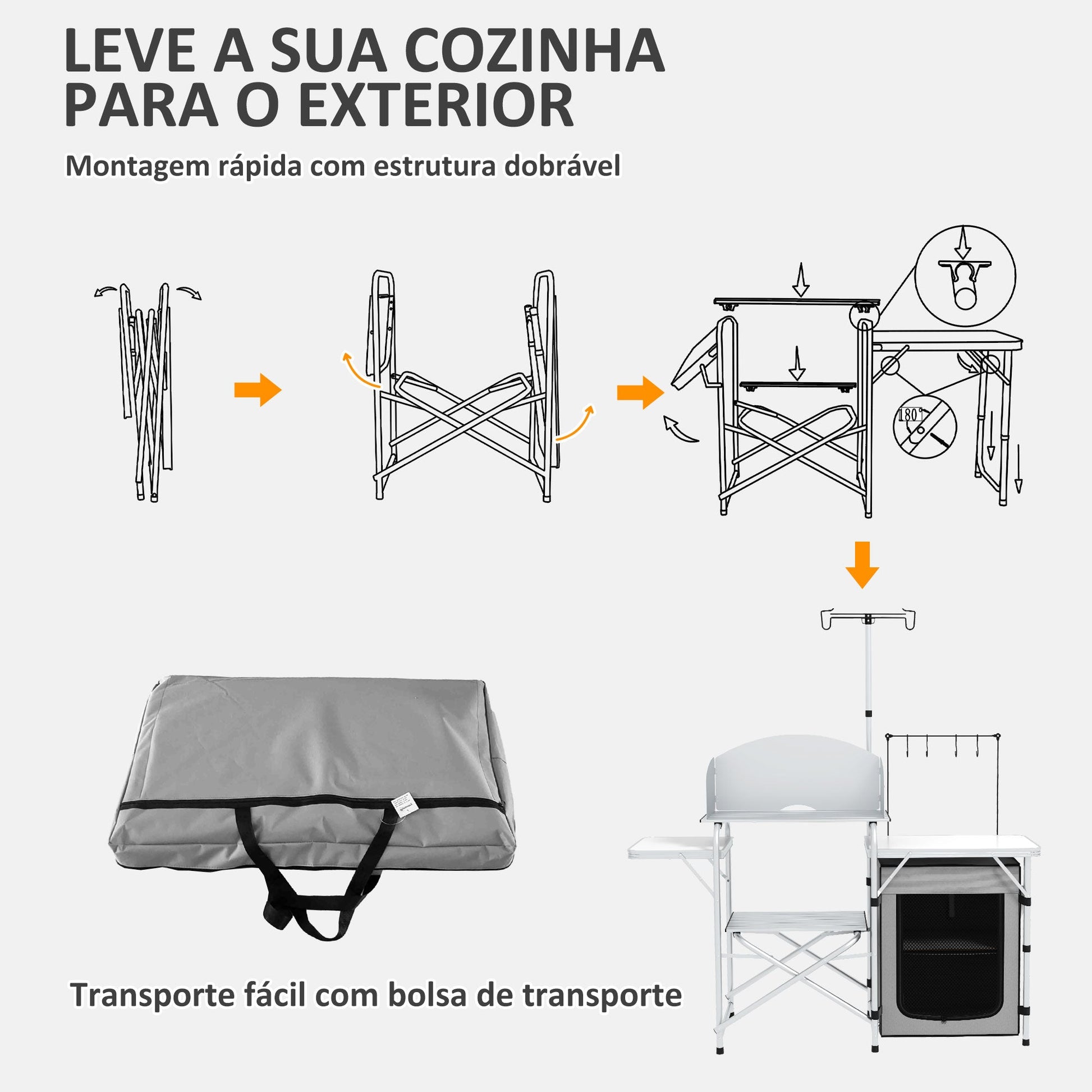 Outsunny Móvel de Cozinha para Campismo Armário para Campismo Dobrável com Mesas Estante Suporte de Luz Ganchos e Bolsa de Transporte para Campismo Piquenique 144x48x119 cm Prata e Cinza Claro - A minha loja