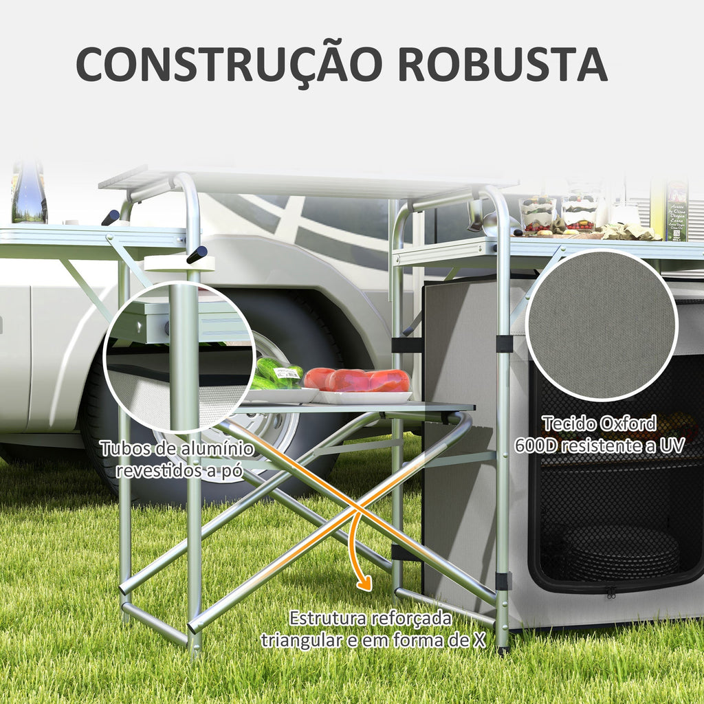 Outsunny Móvel de Cozinha para Campismo Armário para Campismo Dobrável com Mesas Estante Suporte de Luz Ganchos e Bolsa de Transporte para Campismo Piquenique 144x48x119 cm Prata e Cinza Claro - A minha loja