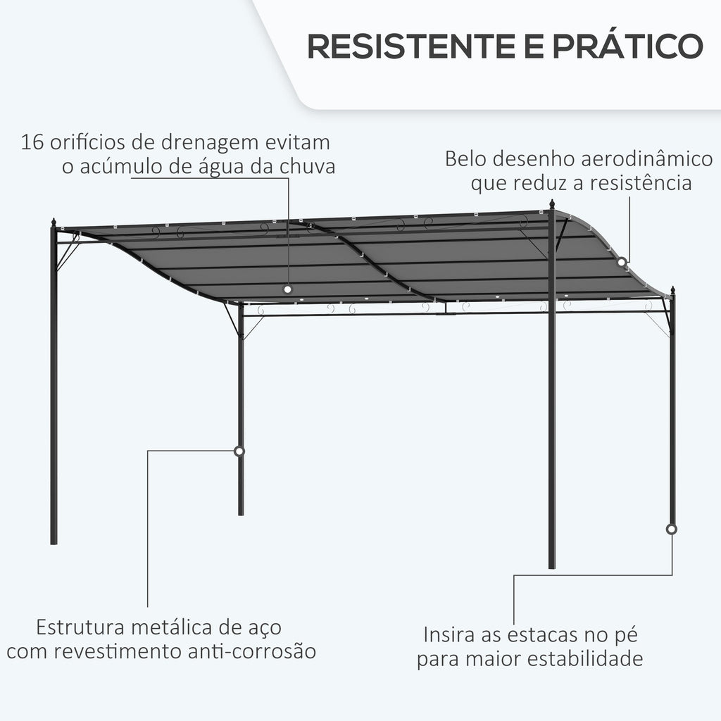 Outsunny Pérgola de Jardim 4x3m Pérgola Montada na Parede com Toldo e 16 Orifícios de Drenagem para Pátio Terraço Metal e Poliéster 180 g/m² Resistente Cinza - A minha loja