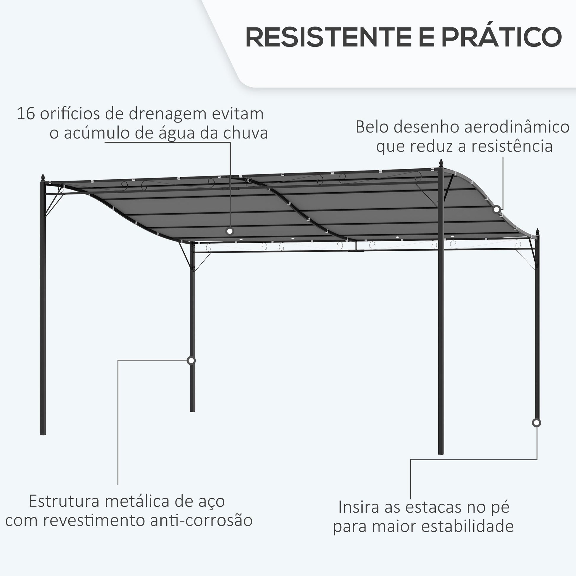 Outsunny Pérgola de Jardim 4x3m Pérgola Montada na Parede com Toldo e 16 Orifícios de Drenagem para Pátio Terraço Metal e Poliéster 180 g/m² Resistente Cinza - A minha loja