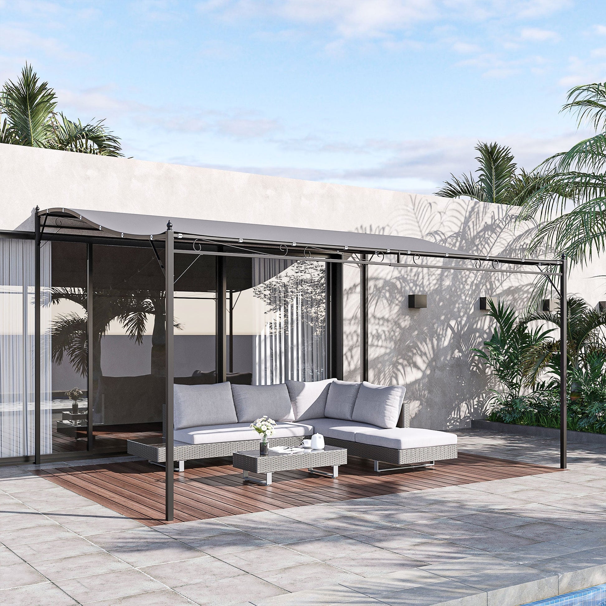 Outsunny Pérgola de Jardim 4x3m Pérgola Montada na Parede com Toldo e 16 Orifícios de Drenagem para Pátio Terraço Metal e Poliéster 180 g/m² Resistente Cinza - A minha loja